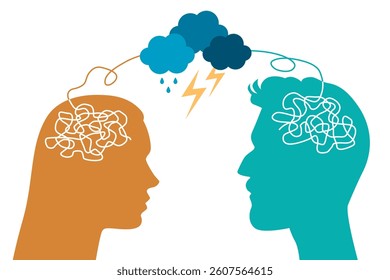 Simple vector silhouette of man's and woman's head and their brain connected via thread with a storm depicting conflict, problem solving and couple counselling.