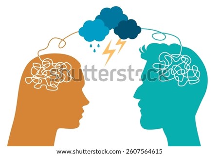 Simple vector silhouette of man's and woman's head and their brain connected via thread with a storm depicting conflict, problem solving and couple counselling.