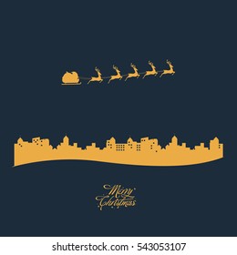 Simple vector silhouette of Santa Sleigh flying over city