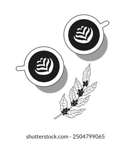 Simple vector silhouette of two cappuccino coffee cups with coffee branch. Design for café, logo, card, menu, wrapping. The images are created without the use of any artificial intelligence software