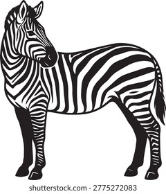 Simple vector silhouette of a zebra looking over its shoulder. Isolated flat element showing neck curvature for nature and wildlife graphic designs.
