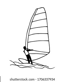 Simple vector sketch in black outline. Windsurfer on the waves, extreme water sport, windsurfing, athlete. Sail, sea, lake. Ink drawing for print, logo, label.