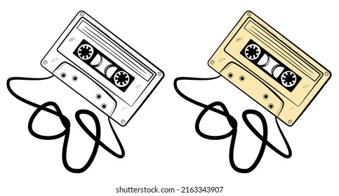 Simple Vector sketch of classic audio cassette, crumpled tape
