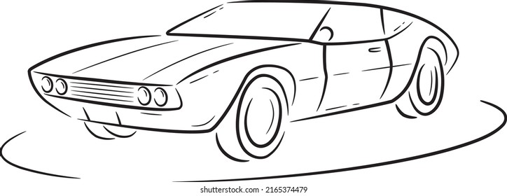 Esbozo vector simple de un viejo coche deportivo. Auto rápido hecho de líneas negras sobre un fondo blanco.