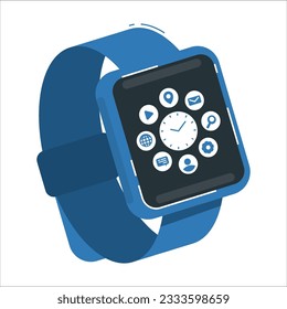 A simple vector of a smartwatch design which shows the time, date, weather, heart rate, steps, calories and distance with symbols. The watch is black with a rounded rectangular face and straps. 2082