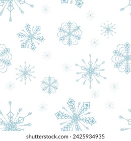Simple vector  snowflakes. Elegant seamless pattern.Christmas and New Year texture on white background. Winter holidays theme. Luxury repeat design for decor, print, wallpaper, packaging, web design
