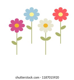 Simple vector of some daisies of different colors with some branches and green leaves.
