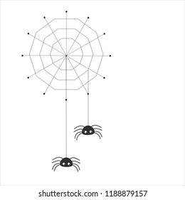 Simple vector of a spider web with two spiders hanging from threads.
