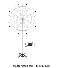 Simple vector of a spider web with two spiders hanging from threads.