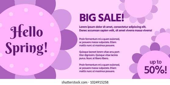 Simple vector spring sale banner with pink and violet flowers
