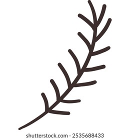 Simple vector spruce branch, hand drawn, black outline. Young larch twig, branch isolated on a white background. Coniferous branch.