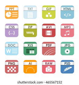 Simple vector square file types and formats labels icon set