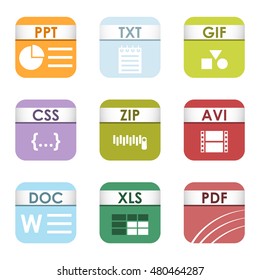 Simple vector square file types and formats labels icon set