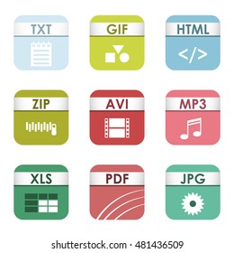 Simple vector square file types and formats labels icon set