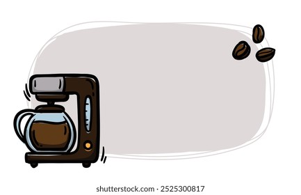 Simple vector sticker with coffee maker and coffee beans. Template for price tag, label. Hand drawn illustration. Icons signs and symbols for design