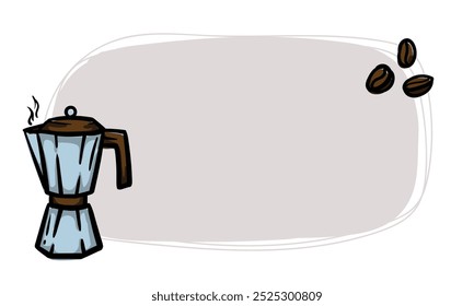 Simple vector sticker with a coffee pot and coffee beans. Template for price tag, label. Hand drawn illustration. Icons signs and symbols for design