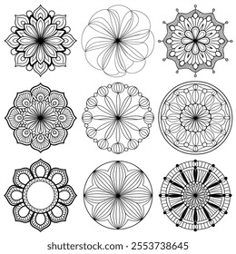 A simple vector style coloring page of a line art flower mandala design 