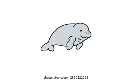A simple vector style drawing of a friendly manatee with a rounded body and small flippers isolated on a white background