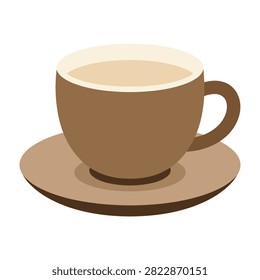 Simple vector style illustration of a brown coffee cup and saucer filled with hot beverage. Perfect for cafe menu design, breakfast concept, or drink related graphic layouts.