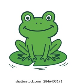 A simple vector style illustration of a smiling green frog perched on a lily pad floating in water isolated on white background
