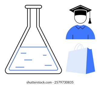 A simple vector style image of an Erlenmeyer flask with blue liquid, a graduate student icon in blue gown and cap, and a blue shopping bag with . Ideal for education, science, graduation