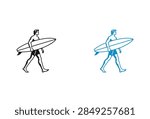 A simple vector style line drawing featuring a male surfer walking while carrying his surfboard under his arm isolated on a plain background
