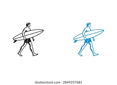 A simple vector style line drawing featuring a male surfer walking while carrying his surfboard under his arm isolated on a plain background