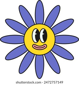 simple vector sunflower with blue leaves and happy face expression funny character illustration	