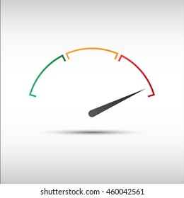 Simple vector tachometer with indicator in red part, speedometer icon, performance measurement symbol