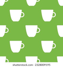 Simple vector tea background. Repetitive geometric tea icons. Seamless pattern with tea cups on green background
