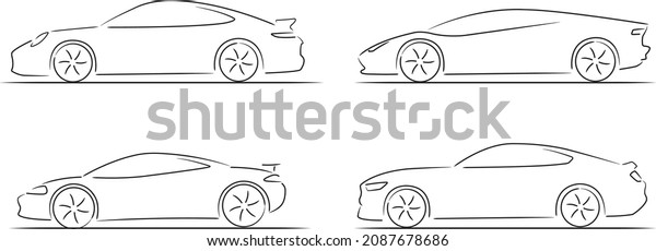 Simple vector technical sketch of\
a set of fast sports cars. White background, side\
view.