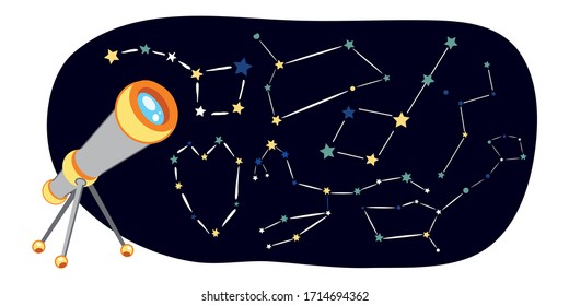 Simple vector telescope with 6 different star constellations. Dolpnine, whale, fox, lion, great bear. Horisontal banner for web decoration, educational book for children, wall poster. 