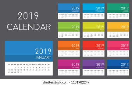 Simple vector template of 2019 new year calendar. Week starts on sunday. Colorful, printable and editable design of calendar.