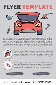 A simple vector template for advertising auto repair services. Layout design for flyer, ad, banner, poster. Hand drawn color illustration of cars, accessories, spare parts and repairs