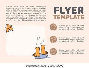 Simple vector template for announcement, advertisement, dressing room, flyer. Autumn photo frame with leaves and rubber boots in a puddle