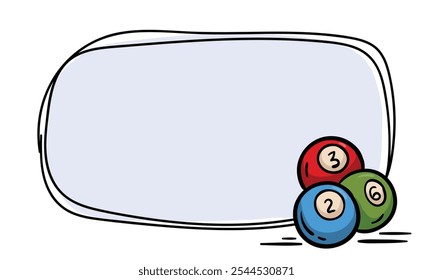 Plantilla de Vector simple con bolas de billar. Marco dibujado a mano para etiqueta de Precio, bloc de notas, Anuncio. Fondo vacío para texto, información