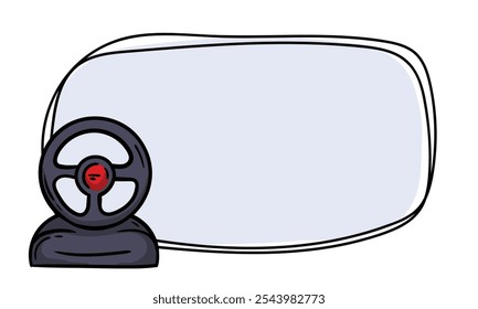 Simple vector template with gaming car steering wheel. Hand drawn frame for price tag, notepad, banner. Empty background for text, information