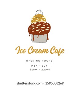 Simple vector template for shop or cafe with hand drawn ice-cream. For ice cream party or greeting card. For business identity and branding.