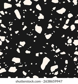 Simple vector terrazzo flooring seamless texture. Realistic pattern of mosaic floor with natural stones, granite, marble, glass, randomly scattered shapes. Black and white minimal repeated geo design