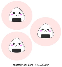 Simple vector of three kawaii rice balls with different facial expressions.