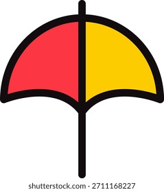 Ícone de guarda-chuva vetorial simples com cores vermelha e amarela. Representa os conceitos de proteção, chuva, clima e seguro.