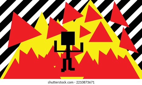 Simple vector wallpaper. Black stick figure in pixel style. Fire in the background. Geometric shapes. Squares, triangles, stripes. Silhouette of a character.
