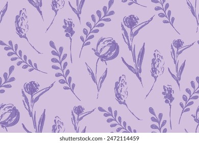 Simple Vector watercolor flowers pattern on purple background. Seamless flowers print, leaves, colossus ornament. Floral watercolor print for textile, wrapping paper, fabric