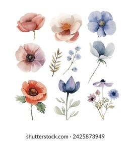 simple vector watercolor set of flowers