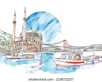 Simple vector watercolor sketch of Istanbul, Turkey. City view of the Ortakoy Mosque with the Bosphorus Bridge. Landscape illustration. Atmosphere of Turkey.