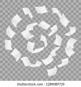 Simple vector of white blank papers flying in the spiral motion in the wind on transparent background.