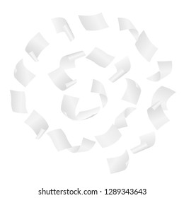 Simple vector of white blank papers flying in the spiral motion in the wind on white background.