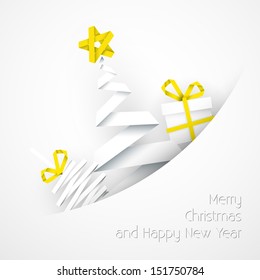 Simple vector white christmas card with gift, tree and bauble made from paper stripe