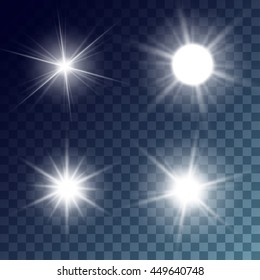 Simple vector white suns with bright rays on transparent background. Release clipping mask for work.