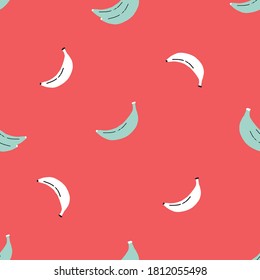 Simple vector white and teal banana pattern with red background